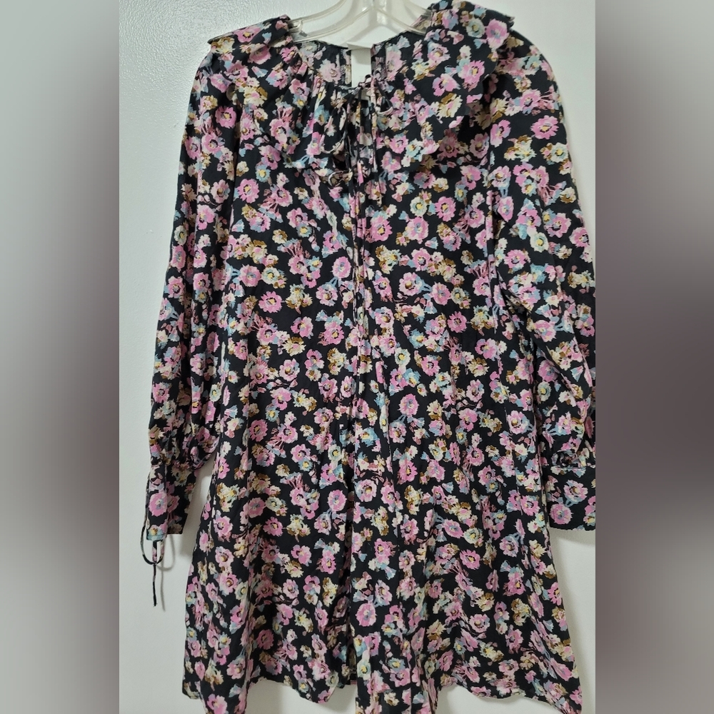 H&M Mini Dress Black Floral Flounce Collared Long Sleeve Cotton Women Size Small